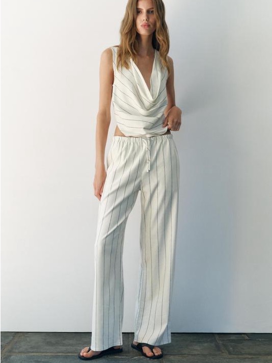 Sleeveless Cowl Neck Pinstripe Wide-Leg Set